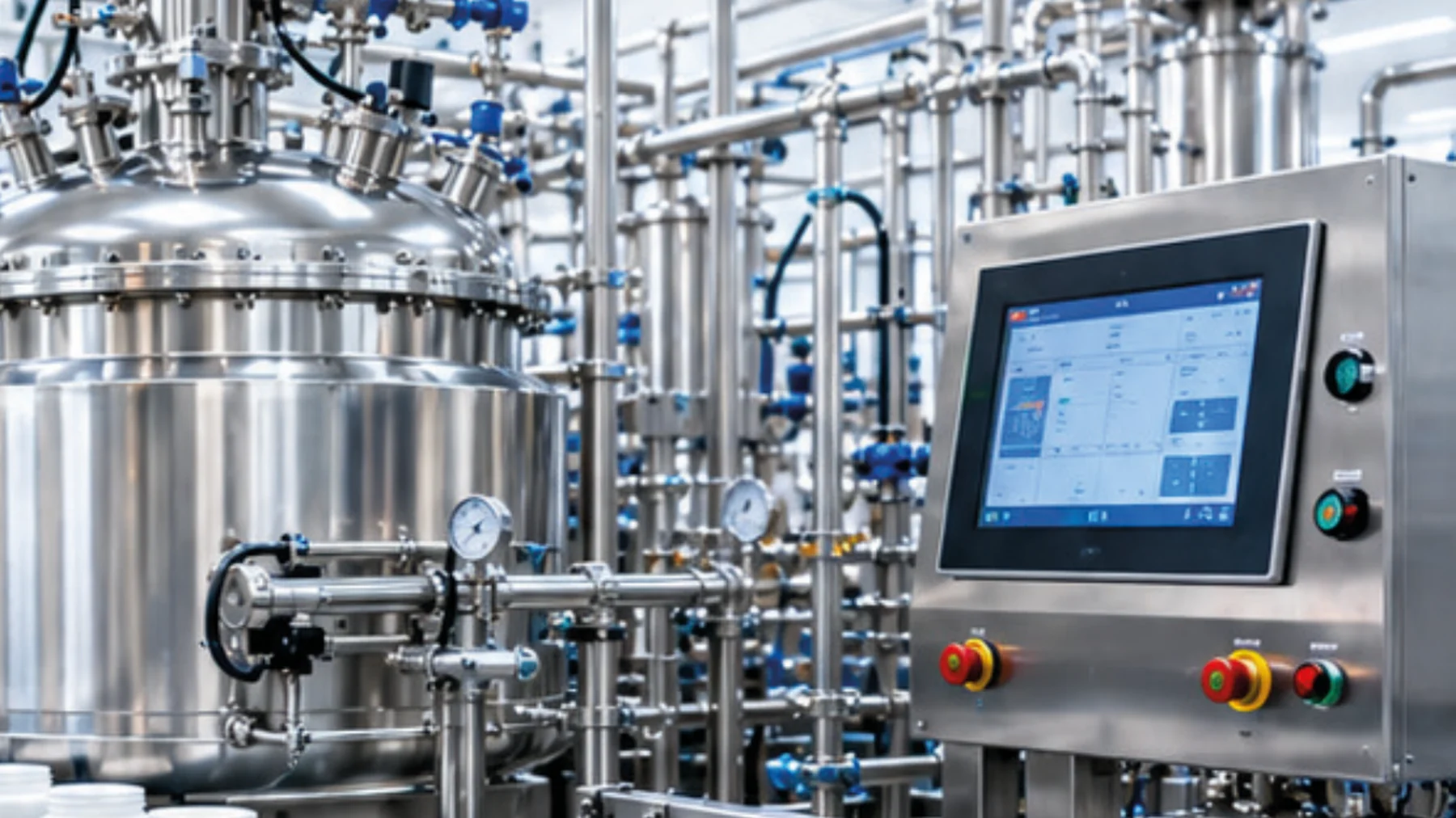 Reattore in acciaio inox con quadro di controllo e linea di riempimento con flaconi bianchi in un reparto di produzione.
