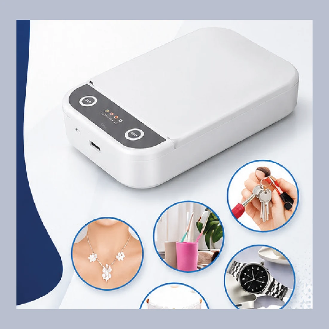 Box compatto a luce UV-C con coperchio richiudibile, per il trattamento di piccoli oggetti.